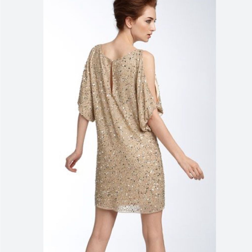 Aidan Mattox Silk Dress Gold Beaded Sequin Cold Shoulder Mini Cocktail Prom Sz 2